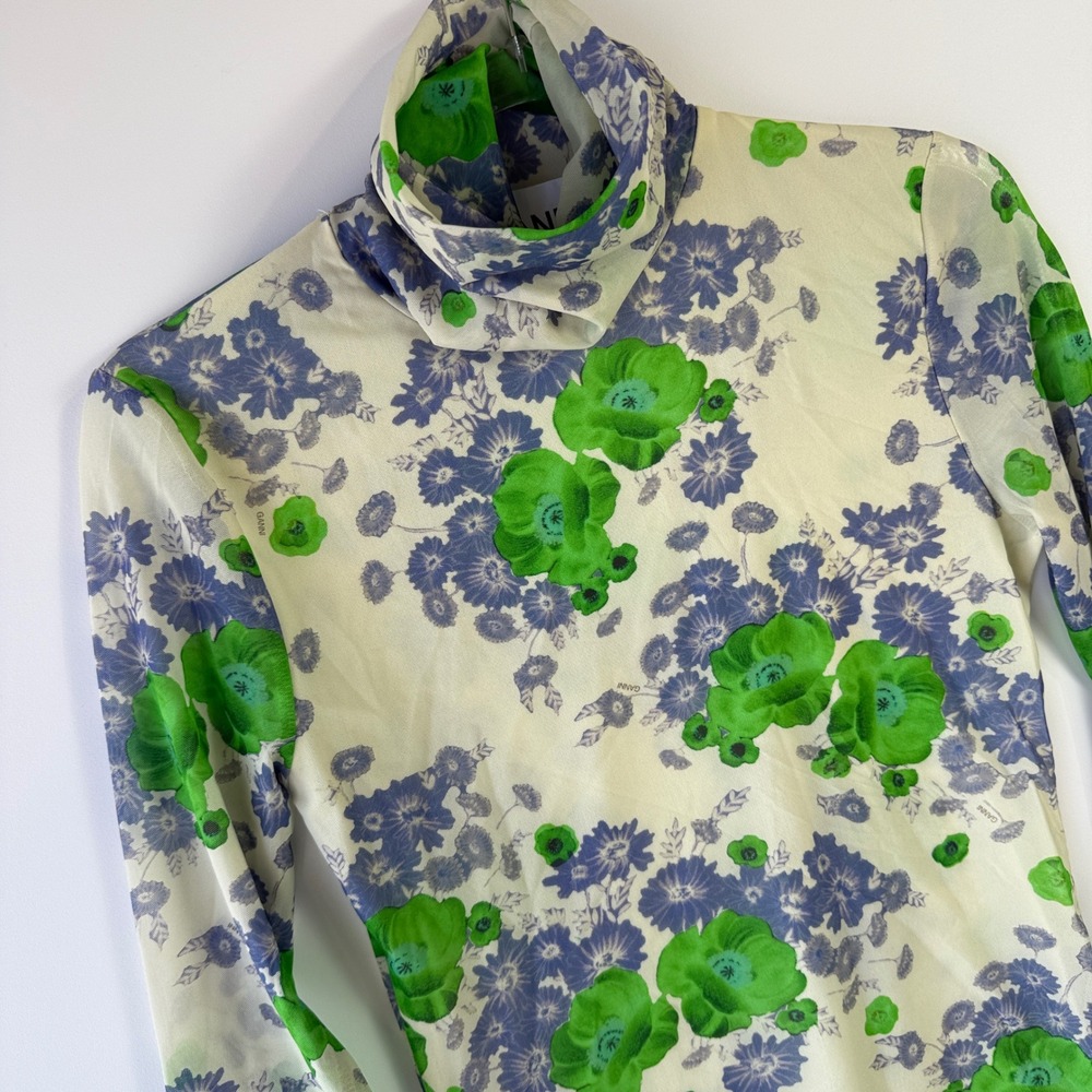 Ganni Floral Mesh Turtleneck Top Women Size 36 Green Purple Sheer Long Sleeve EX - Picture 2 of 11